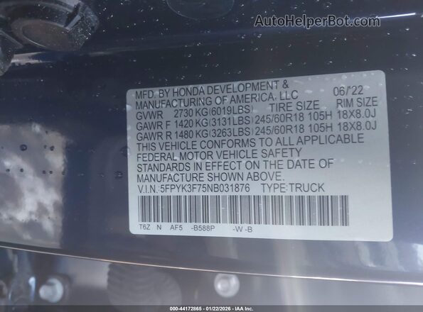 5FPYK3F75NB031876 2022 HONDA RIDGELINE Blue Շարժիչի բաժամունքի տեսք
