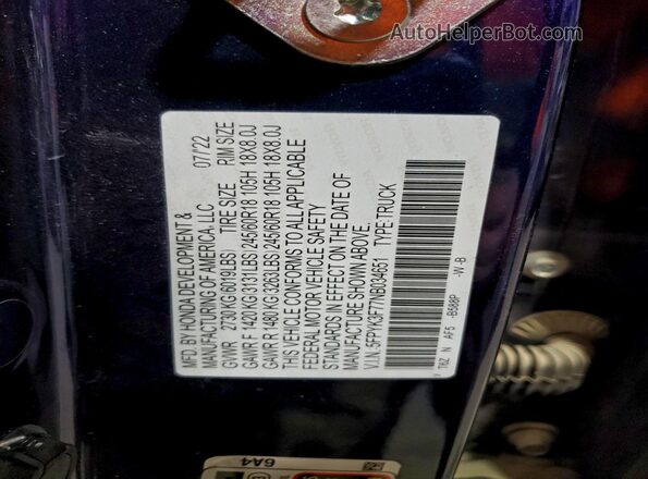 5FPYK3F77NB034651 2022 HONDA RIDGELINE Синий Вид наклейки с VIN-кодом