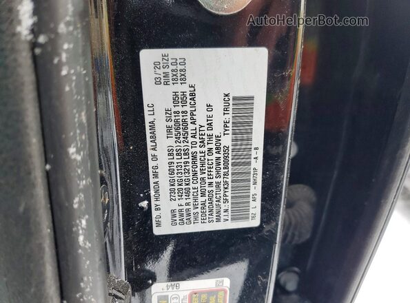 5FPYK3F78LB009352 2020 HONDA RIDGELINE Black Widok naklejki z numerem VIN