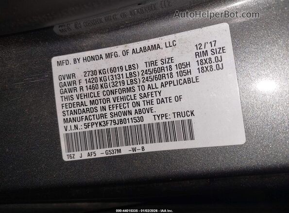 5FPYK3F79JB011530 2018 HONDA RIDGELINE Gray Vista del compartimento del motor