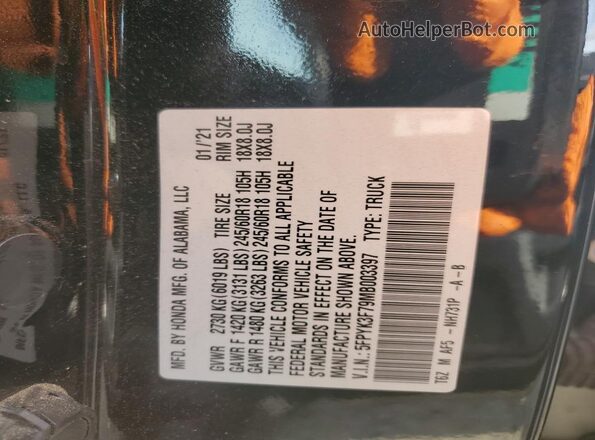 5FPYK3F79MB003397 2021 HONDA RIDGELINE Black Vista de la etiqueta del VIN