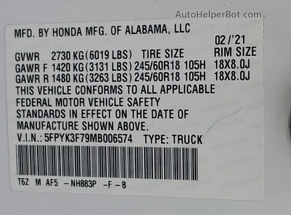 5FPYK3F79MB006574 2021 HONDA RIDGELINE White VIN კოდის სტიკერის ხედი
