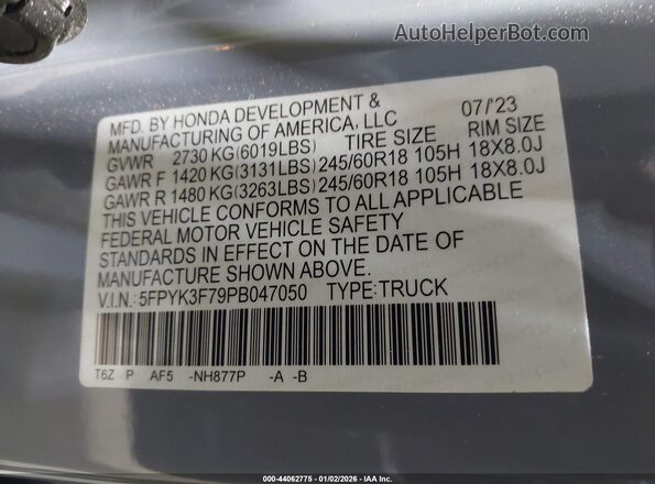 5FPYK3F79PB047050 2023 HONDA RIDGELINE Gray ძრავის განყოფილების ხედი