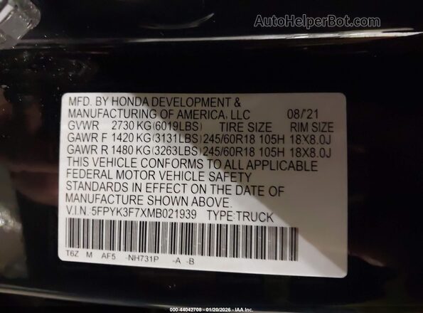 5FPYK3F7XMB021939 2021 HONDA RIDGELINE Черный 