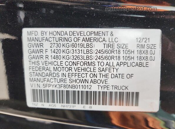 5FPYK3F80NB011012 2022 HONDA RIDGELINE Black Vista de la etiqueta del VIN