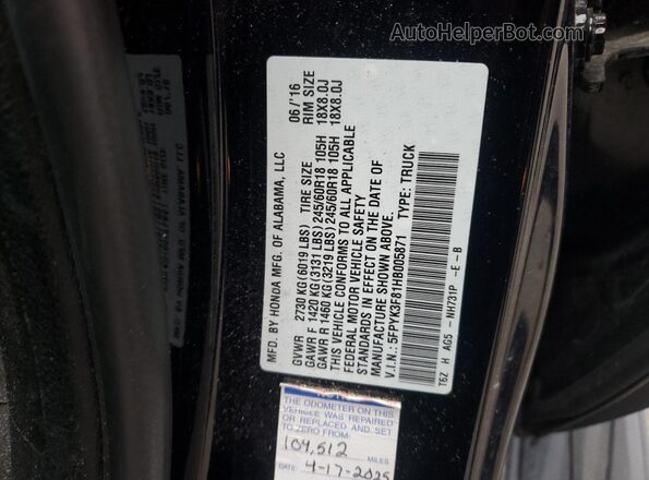 5FPYK3F81HB005871 2017 HONDA RIDGELINE Black Շարժիչի բաժամունքի տեսք