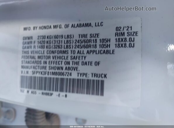 5FPYK3F81MB006724 2021 HONDA RIDGELINE White ძრავის განყოფილების ხედი
