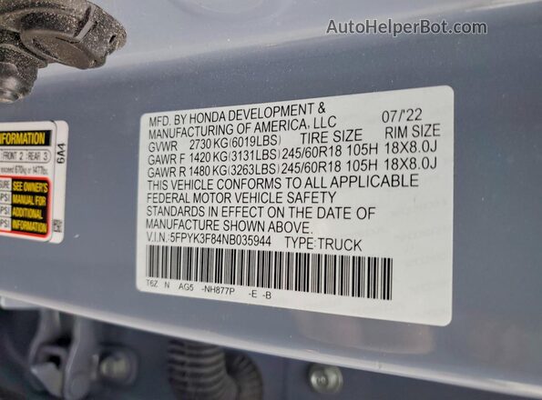 5FPYK3F84NB035944 2022 HONDA RIDGELINE Blue ძრავის განყოფილების ხედი