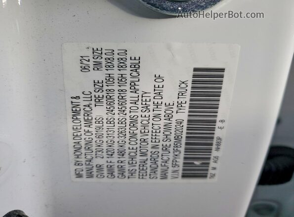 5FPYK3F85MB020240 2021 HONDA RIDGELINE Белый 