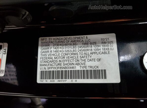 5FPYK3F85NB004461 2022 HONDA RIDGELINE Black Widok komory silnika