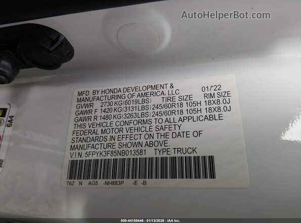5FPYK3F85NB013581 2022 HONDA RIDGELINE White Widok komory silnika