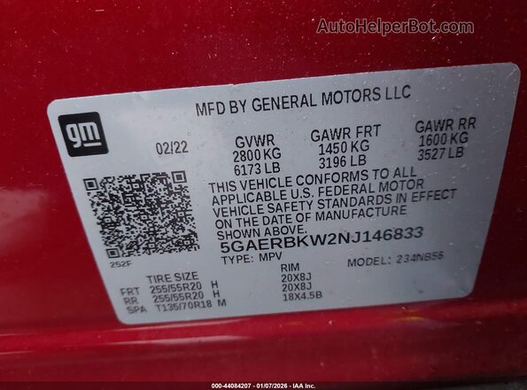 5GAERBKW2NJ146833 2022 BUICK ENCLAVE Red ძრავის განყოფილების ხედი