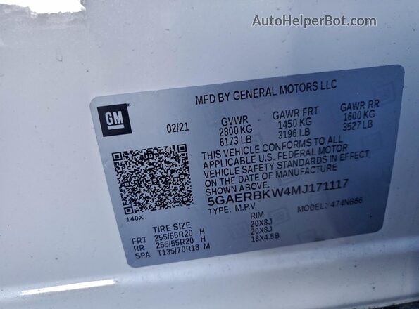 5GAERBKW4MJ171117 2021 BUICK ENCLAVE White 360 interior view