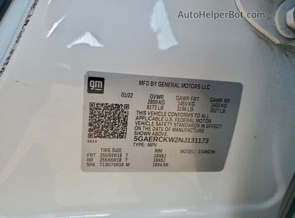 5GAERCKW2NJ131173 2022 BUICK ENCLAVE White Widok naklejki z numerem VIN