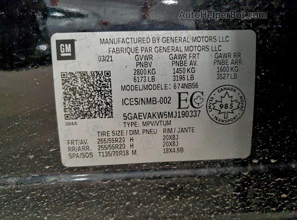 5GAEVAKW6MJ190337 2021 BUICK ENCLAVE Черный Вид наклейки с VIN-кодом