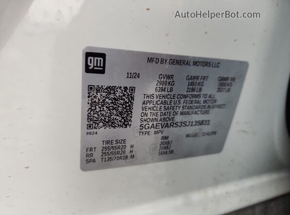 5GAEVARS3SJ135831 2025 BUICK ENCLAVE White VIN կոդի պիտակի տեսք