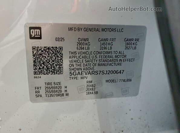 5GAEVARS7SJ200647 2025 BUICK ENCLAVE White VIN կոդի պիտակի տեսք