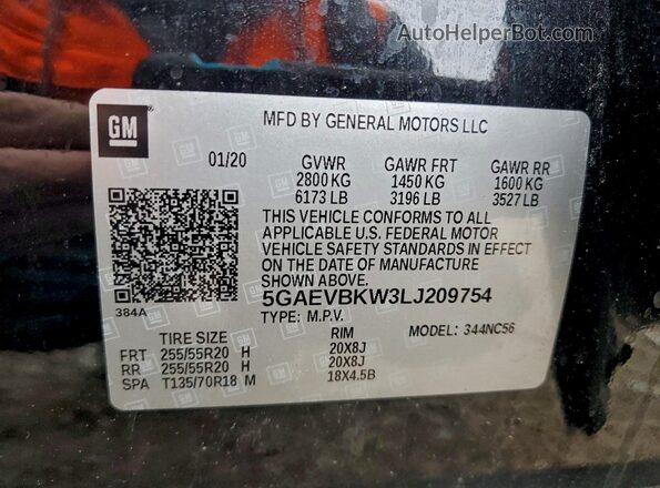 5GAEVBKW3LJ209754 2020 BUICK ENCLAVE Black VIN კოდის სტიკერის ხედი