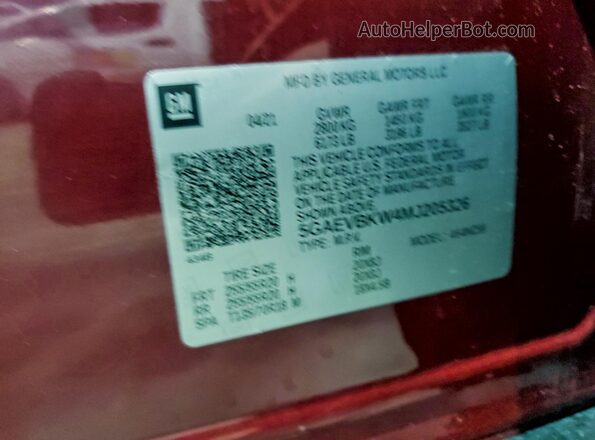 5GAEVBKW4MJ205326 2021 BUICK ENCLAVE Red VIN კოდის სტიკერის ხედი