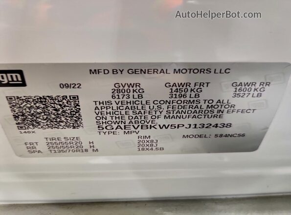 5GAEVBKW5PJ132438 2023 BUICK ENCLAVE White Widok naklejki z numerem VIN