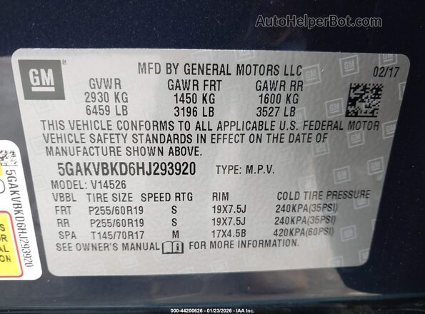 5GAKVBKD6HJ293920 2017 BUICK ENCLAVE Navy ძრავის განყოფილების ხედი
