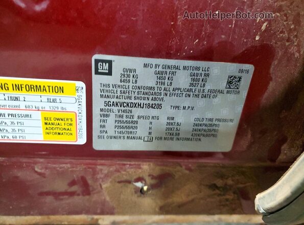 5GAKVCKDXHJ184205 2017 BUICK ENCLAVE Red Vista interior de 360 grados