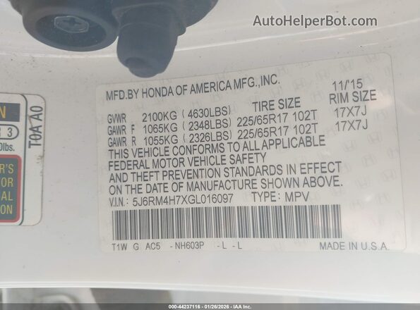 5J6RM4H7XGL016097 2016 HONDA CR-V Белый Вид подкапотного пространства