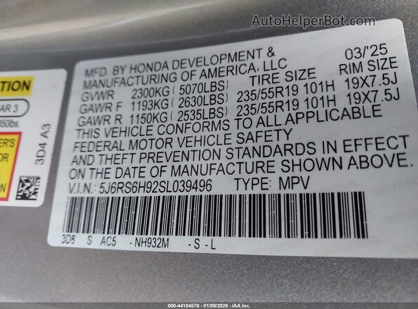 5J6RS6H92SL039496 2025 HONDA CR-V HYBRID Silver 