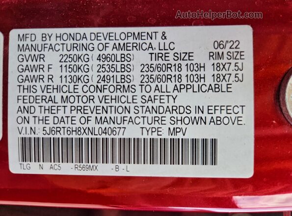 5J6RT6H8XNL040677 2022 HONDA CR-V Red VIN sticker view