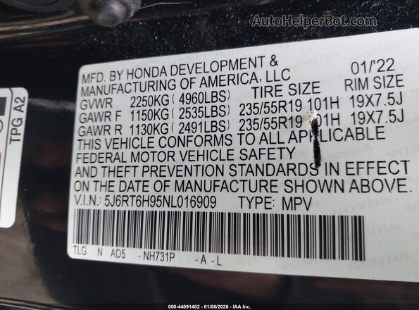 5J6RT6H95NL016909 2022 HONDA CR-V Black Widok komory silnika