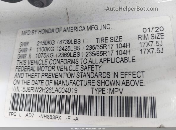 5J6RW2H26LA004019 2020 HONDA CR-V Белый Вид подкапотного пространства