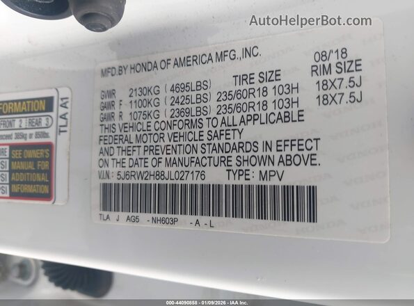 5J6RW2H88JL027176 2018 HONDA CR-V White Vista del compartimento del motor