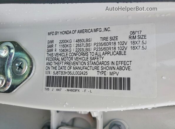 5J8TB3H36JL002425 2018 ACURA RDX White 
