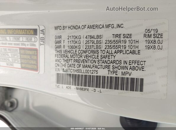 5J8TC1H50LL001275 2020 ACURA RDX White Շարժիչի բաժամունքի տեսք