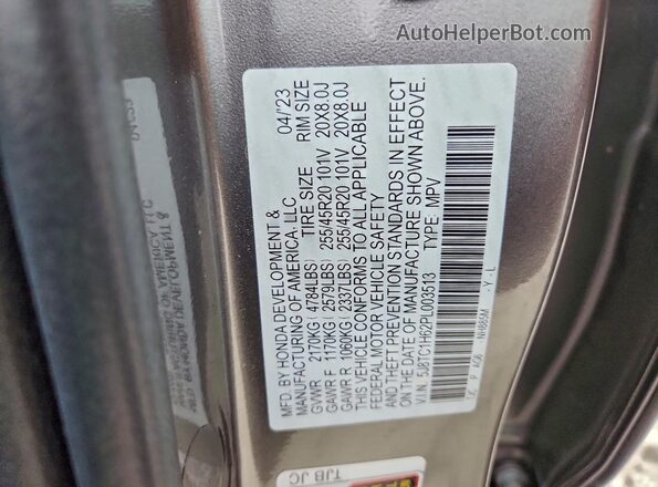 5J8TC1H62PL003513 2023 ACURA RDX Gray VIN კოდის სტიკერის ხედი