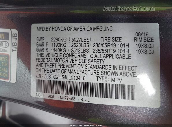 5J8TC2H54LL013418 2020 ACURA RDX Gray Vista del compartimento del motor