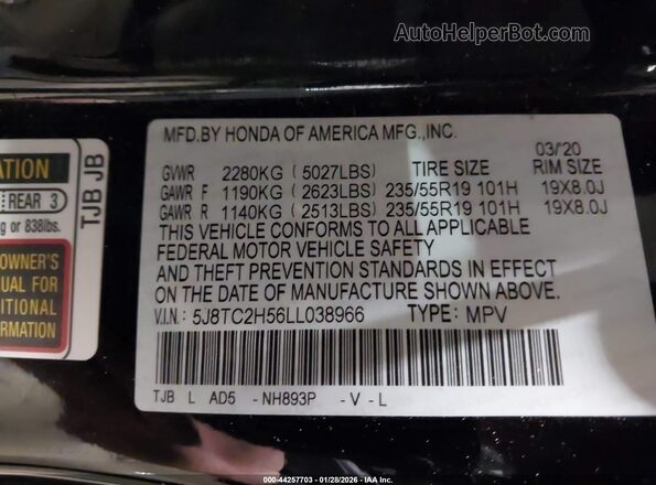 5J8TC2H56LL038966 2020 ACURA RDX Black 