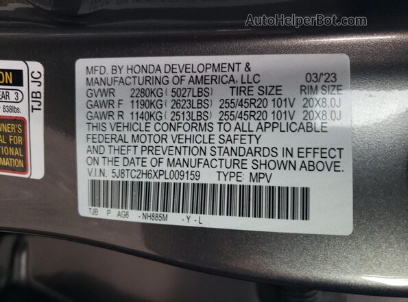 5J8TC2H6XPL009159 2023 ACURA RDX Gray VIN կոդի պիտակի տեսք