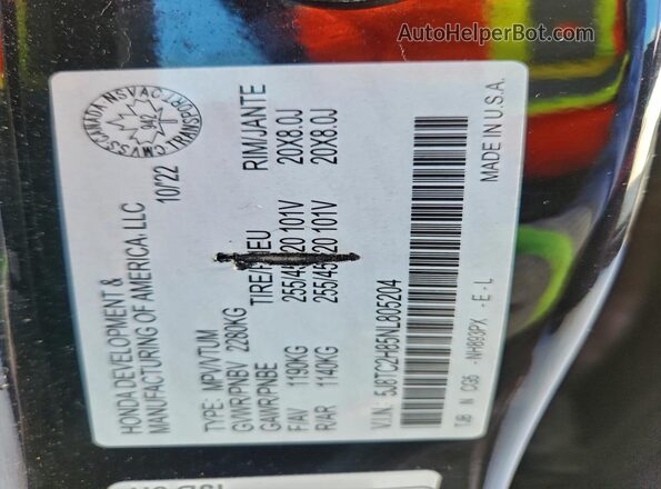 5J8TC2H85NL805204 2022 ACURA RDX Черный Вид наклейки с VIN-кодом