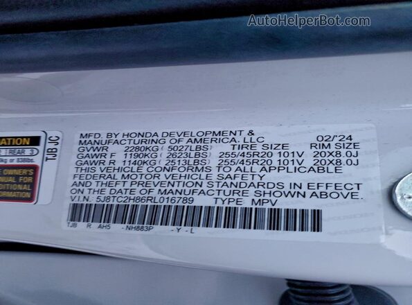 5J8TC2H86RL016789 2024 ACURA RDX White Vista interior de 360 grados