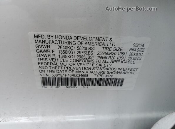 5J8YE1H46RL034698 2024 ACURA MDX Белый Панорамный вид салона 360°