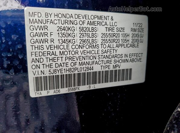 5J8YE1H82PL012844 2023 ACURA MDX Blue Widok naklejki z numerem VIN