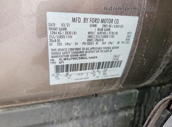 5LM5J7WC5MGL14424 2021 LINCOLN AVIATOR Beige Vista de la etiqueta del VIN