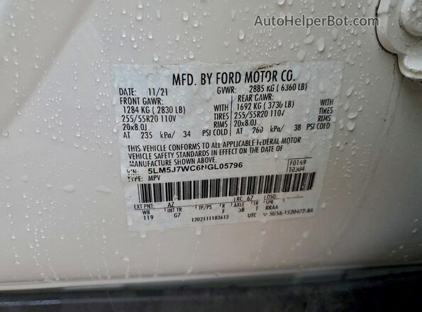5LM5J7WC6NGL05796 2022 LINCOLN AVIATOR White VIN კოდის სტიკერის ხედი