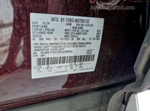 5LM5J7XC2RGL08568 2024 LINCOLN AVIATOR Burgundy VIN կոդի պիտակի տեսք