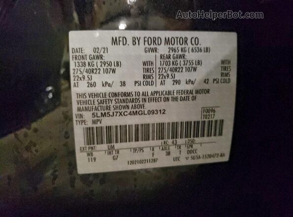 5LM5J7XC4MGL09312 2021 LINCOLN AVIATOR Black Widok naklejki z numerem VIN