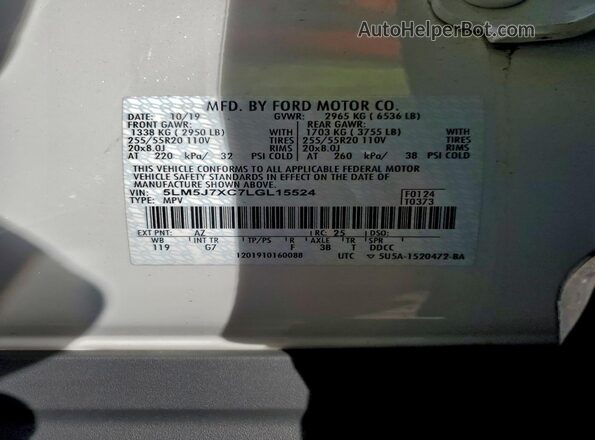 5LM5J7XC7LGL15524 2020 LINCOLN AVIATOR White Vista de la etiqueta del VIN