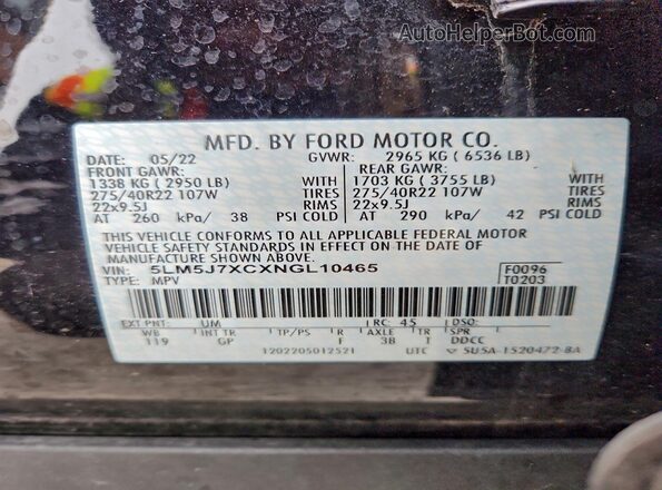 5LM5J7XCXNGL10465 2022 LINCOLN AVIATOR Black Вид наклейки з VIN-кодом