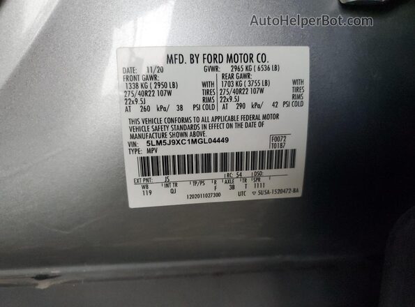 5LM5J9XC1MGL04449 2021 LINCOLN AVIATOR Silver Vista de la etiqueta del VIN