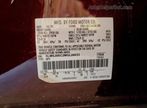 5LM5J9XC2MGL06033 2021 LINCOLN AVIATOR Burgundy VIN կոդի պիտակի տեսք